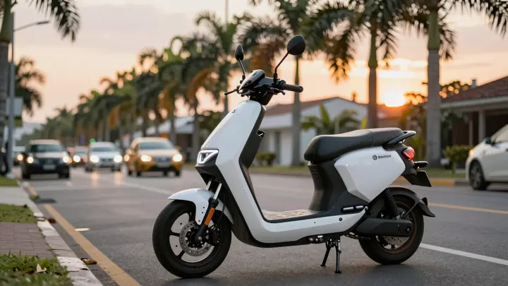 Modern urban electric motorcycle parked on a tropical city street at sunset, palm trees and traffic in background, gloss