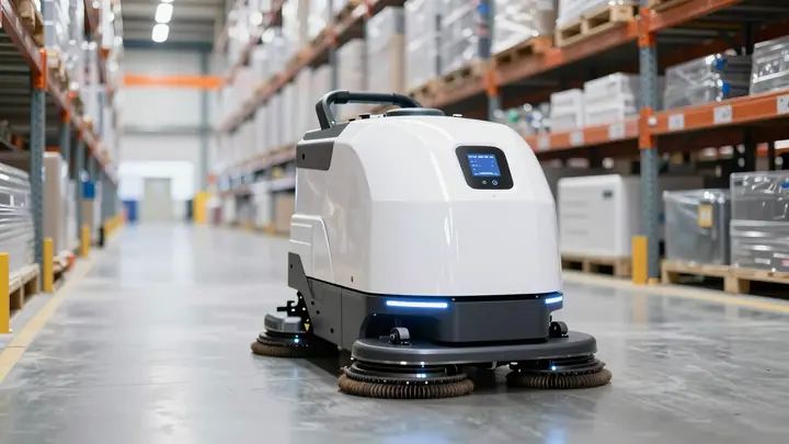 Autonomous industrial cleaning robot working in a large warehouse aisle, floor scrubbing machine with sensors, bright LE