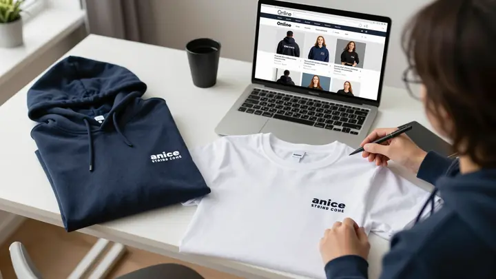 A blogger studio desk with custom printed t-shirts and hoodies in branded colors, laptop showing an online store with me