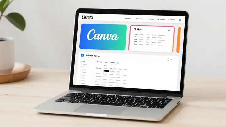 Clean flat lay of a laptop screen showing colorful Canva templates and Notion dashboards, digital product mockup, soft n