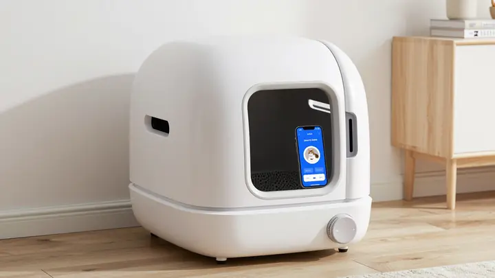 Modern smart automatic cat litter box with health monitoring features, sleek white design, smartphone app showing cat he