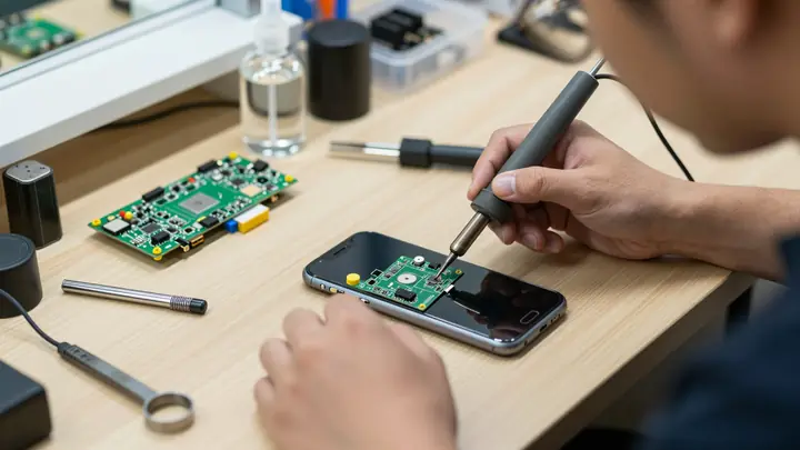 Professional photo of a small electronics repair workshop with a technician working on a smartphone motherboard, solderi