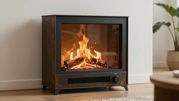 Modern bioethanol fireplace made from recycled metal, warm flame in minimalist interior, professional product photograph