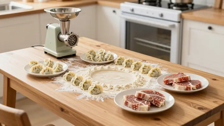 Cozy home kitchen with wooden table, fresh handmade dumplings and cutlets on flour-dusted surface, meat grinder and free
