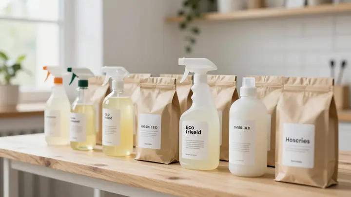 Small batch production of eco friendly household cleaning products in a bright workshop, natural ingredients, minimal pa