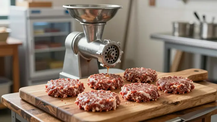 A rustic craft meat patties production workshop, fresh handmade cutlets on a wooden board, industrial meat grinder and f