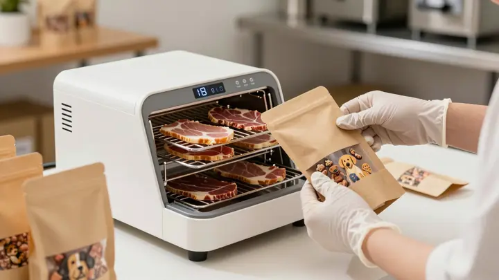 Small workshop producing natural dog treats, dehydrator with meat slices, hands in gloves packaging treats into kraft ba