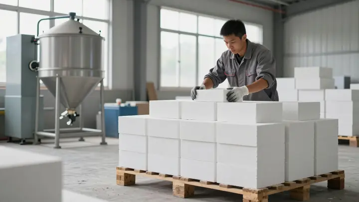 Small manufacturing workshop producing foam concrete blocks, worker in workwear stacking fresh blocks on pallets, indust