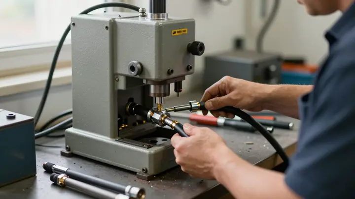 Professional photo of a hydraulic hose crimping machine in a small workshop, worker assembling high pressure hose with m