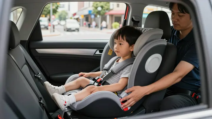 Professional photo of a taxi driver installing a clean child car seat in the back seat of a car, bright daylight, urban 