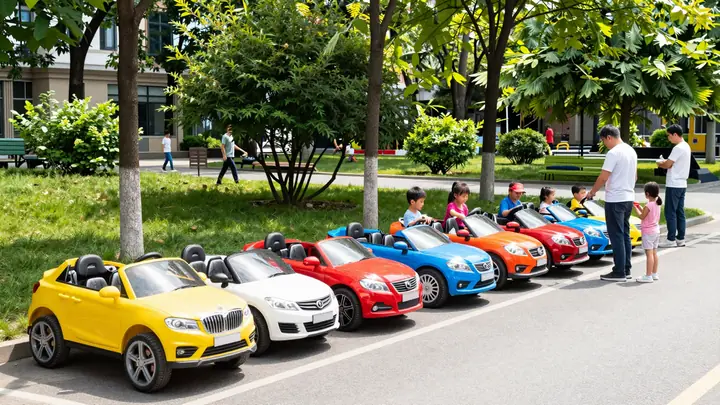 Bright summer photo of a children's electric car rental stand in a green city park, colorful small electric cars lined u