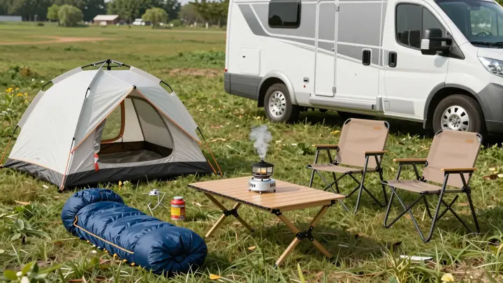 A flat lay of camping gear rental equipment: tents, sleeping bags, camping stove, folding chairs and table on grass, wit
