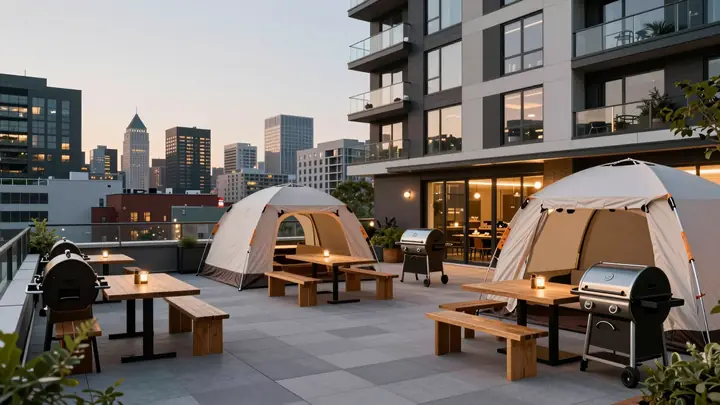 Cozy rooftop barbecue zone on a modern apartment building, grills and mangals with tents, tables and benches, evening li