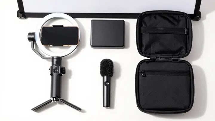 Professional flat lay of a mobile video shooting kit: smartphone on gimbal stabilizer, ring light, wireless lavalier mic