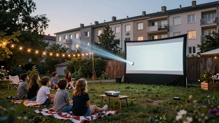 A cozy outdoor movie night in a residential courtyard: a bright projector beam shining onto a large portable screen, fam