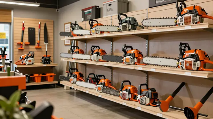 Professional photo of a garden tool rental shop interior with chainsaws, trimmers and cultivators on shelves, clean orga