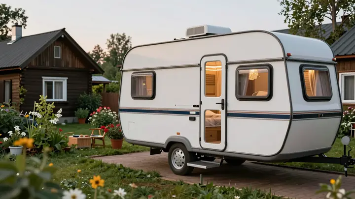 Cozy garden caravan on wheels parked near a Russian summer cottage with green garden, warm evening light, inviting outdo