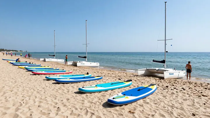Bright summer beach with paddleboards and catamarans lined up on sand, blue water and sky, people renting equipment, vib