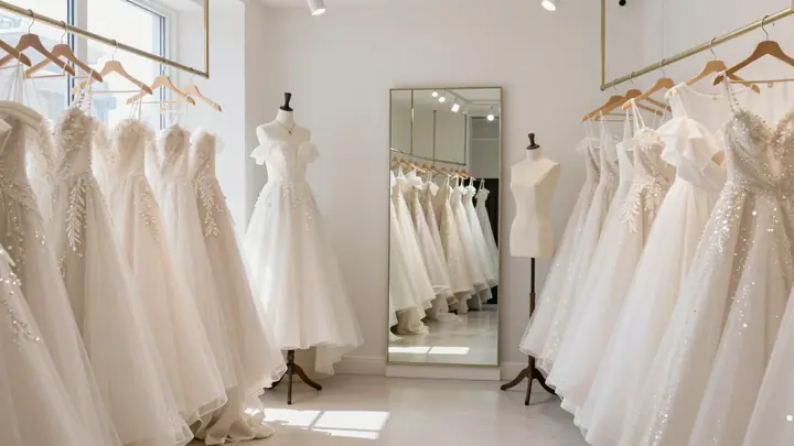 Elegant wedding dress rental salon interior, rack of white bridal gowns, soft natural light, mirror and mannequin, small