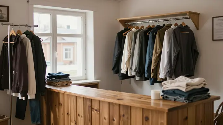 Cozy small dry cleaning reception point in a small Russian town, warm interior, clothes on wooden hangers, friendly atmo