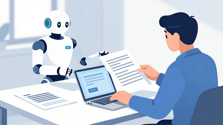 Modern minimalist illustration of a small business owner at a desk with documents, an AI robot assistant sorting papers 
