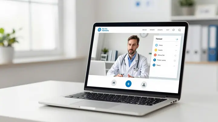 Modern telemedicine app interface on a laptop screen in a bright medical office, doctor consulting patient via video cal