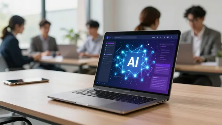 Modern office workspace with laptop showing AI chatbot interface, glowing neural network graphics, business team in back