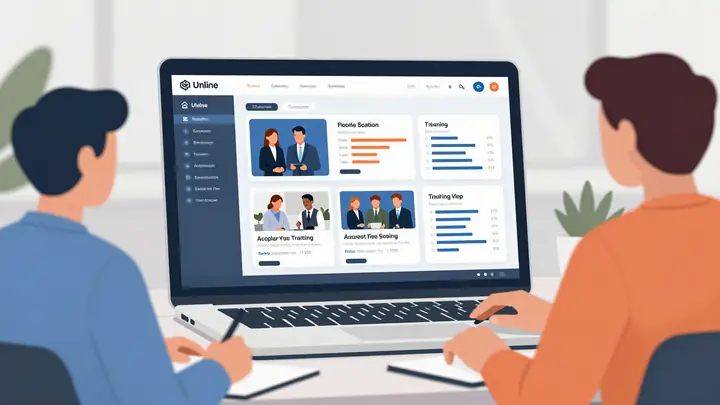 Modern flat illustration of a team building an online education platform, laptop with LMS dashboard, course modules, pro