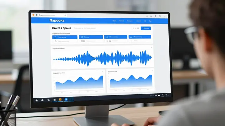 Modern dashboard with speech analytics charts and waveforms on a computer screen in a small sales office, Russian text i