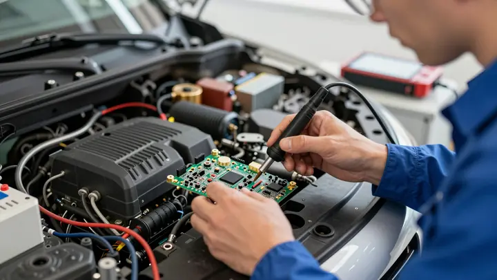 Professional auto electrician repairing car electronic control unit with soldering station, modern workshop, diagnostic 
