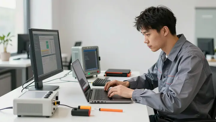 A professional computer repair technician in a clean modern apartment, working on an open laptop with precision tools, d