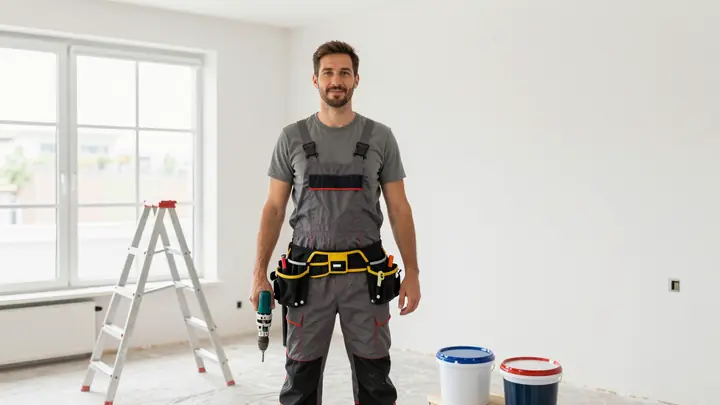 Professional photo of a self-employed renovator in work clothes and tool belt, standing in a bright apartment under reno
