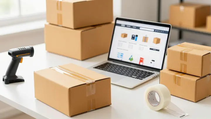 A modern e-commerce reselling workspace with cardboard boxes, a laptop showing online marketplace dashboard, barcode sca