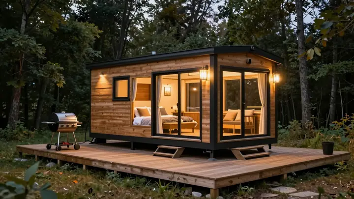 Cozy modern tiny house with warm lights on a forest edge at dusk, wooden terrace with barbecue area, inviting rental cab