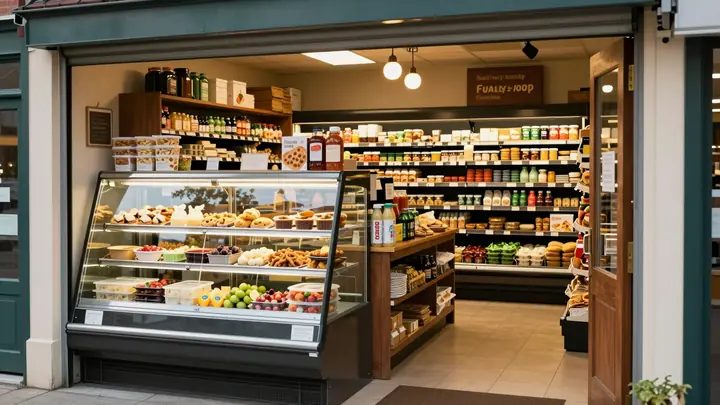 Cozy small neighborhood grocery store with ready-to-eat food display case, warm lighting, family-owned atmosphere, fresh