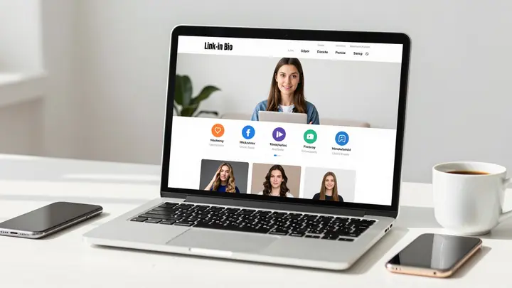 A clean modern landing page on a laptop screen showing a blogger's link-in-bio page with multiple social media icons, br