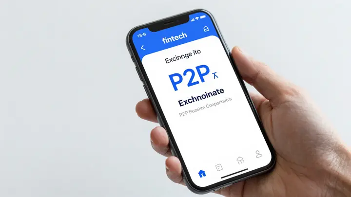 Modern fintech mobile app interface for P2P money transfers between Russia and CIS countries, showing real exchange rate