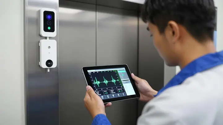 Elevator maintenance technician installing IoT sensors on elevator equipment, modern telemetry dashboard on tablet showi