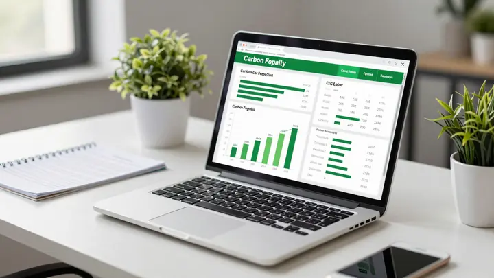 A modern office desk with a laptop showing carbon footprint charts and ESG report documents, green plants on the desk, s