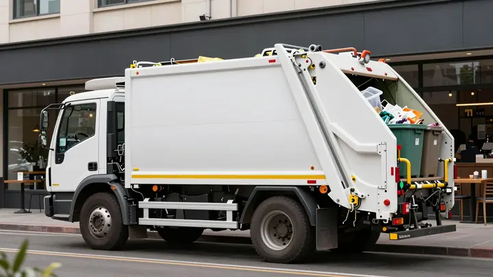 A commercial garbage truck collecting waste containers behind a cafe restaurant, clean professional photo, daylight, urb