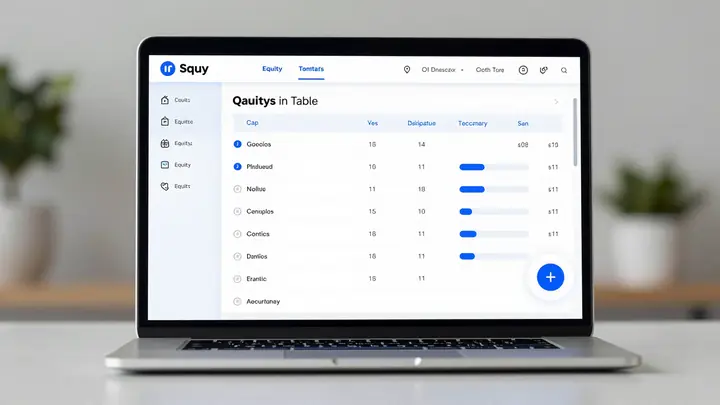 Clean modern SaaS dashboard interface for startup equity and cap table management, on a laptop screen, minimalistic fint
