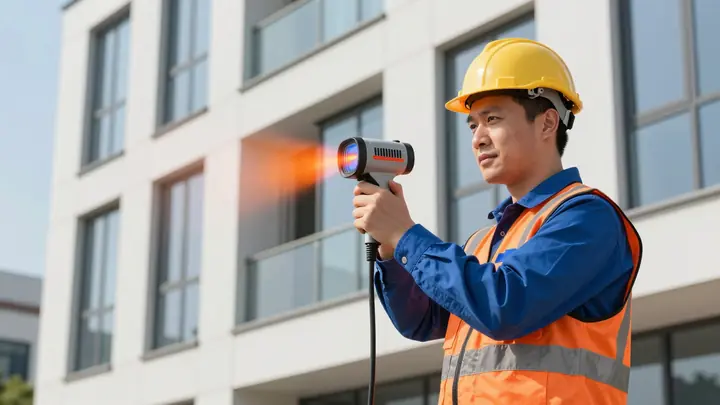 Professional photo of an engineer using thermal imaging camera to inspect energy efficiency of a modern building, warm o