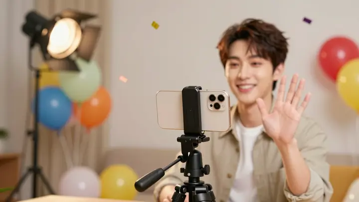 A smartphone on a tripod recording a smiling celebrity waving to camera, warm studio lighting, festive background with b