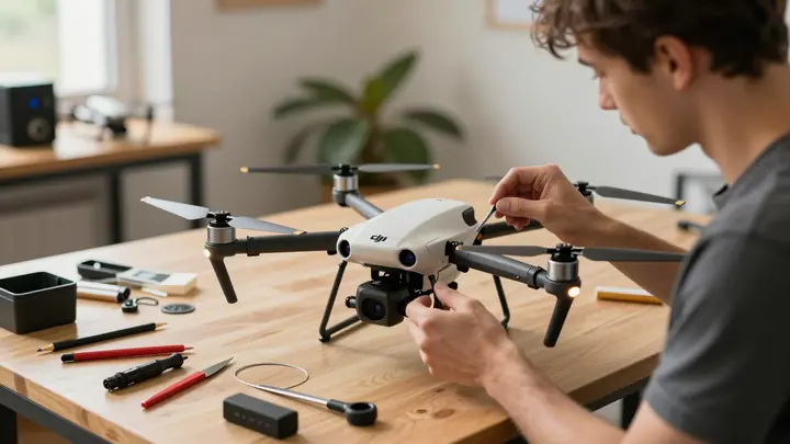 Technician repairing agricultural drone in a small workshop, DJI Agras on workbench, tools and spare parts around, warm 