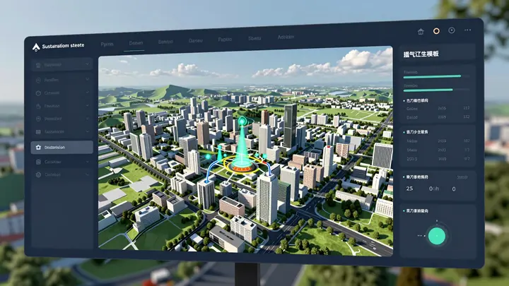 A modern software dashboard for sustainable urban infrastructure planning, showing 3D city model with green areas, trans