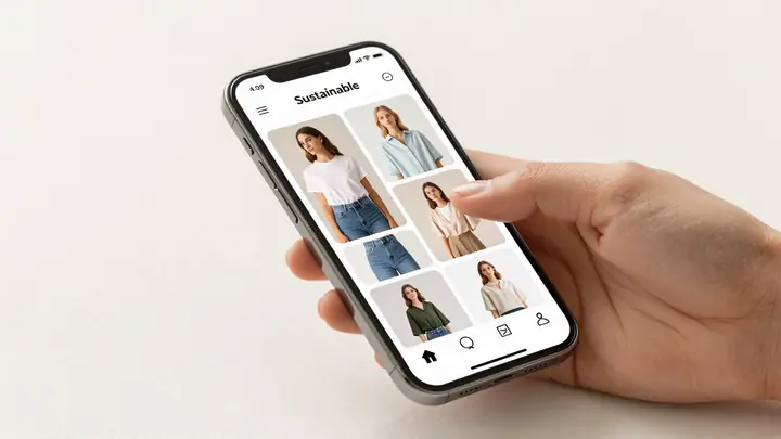 Modern smartphone mockup displaying a social resale fashion app interface with clothing items, young stylish people brow