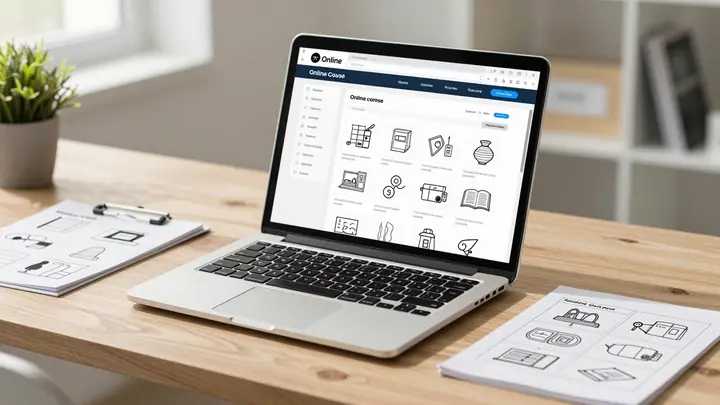 A modern workspace with a laptop showing an online course builder interface, instructional design sketches and storyboar