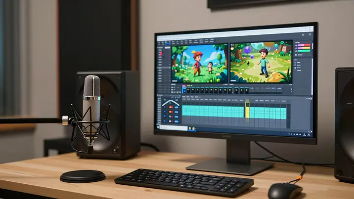 A modern home studio for game localization, microphone and computer with audio editing software on screen, game characte
