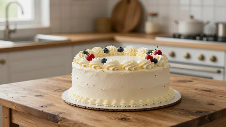 A beautifully decorated custom cake on a rustic wooden table in a cozy home kitchen, soft natural light, professional fo