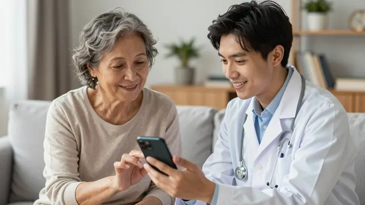 A warm photo of a young specialist patiently teaching a smiling elderly woman to use a smartphone at her cozy home, soft